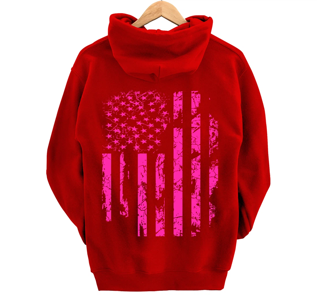 Pink Distressed USA Flag Pullover Hoodie