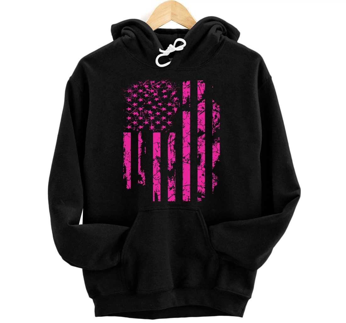 Pink Distressed USA Flag Pullover Hoodie