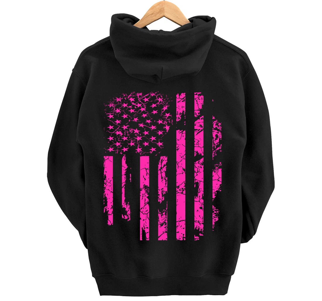 Pink Distressed USA Flag Pullover Hoodie