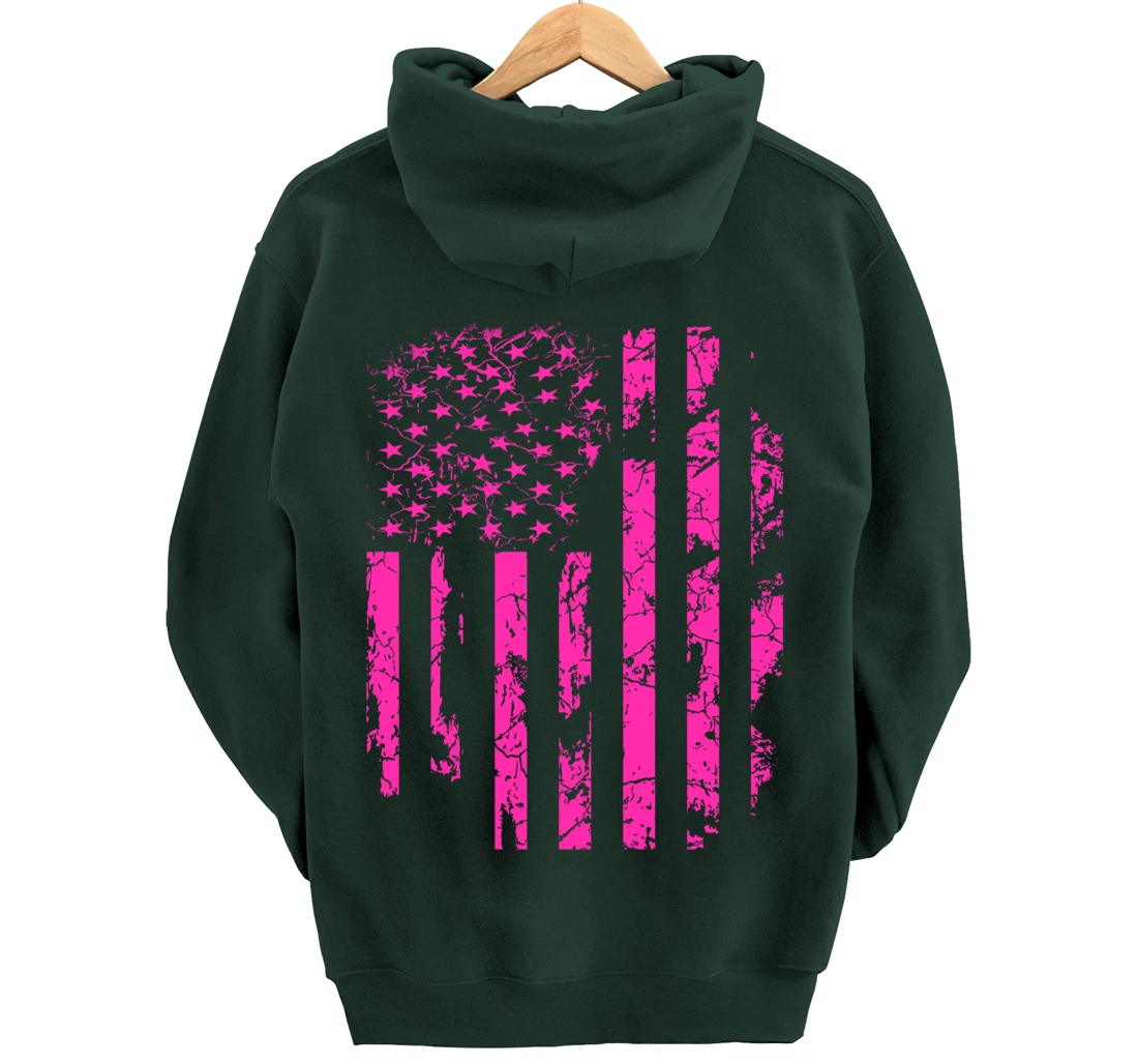 Pink Distressed USA Flag Pullover Hoodie