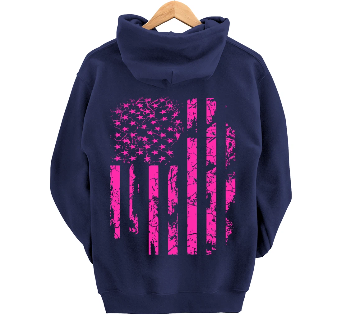 Pink Distressed USA Flag Pullover Hoodie