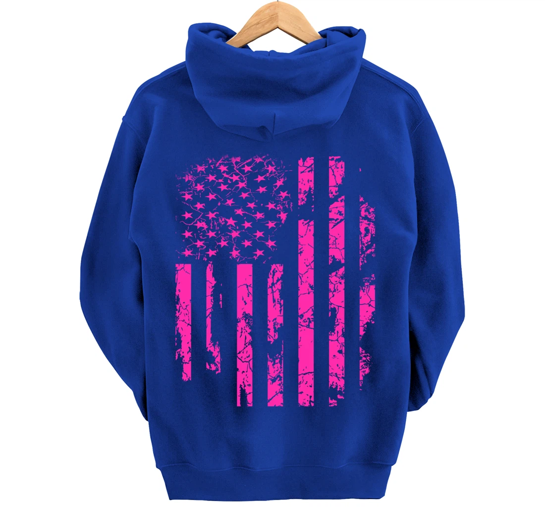 Pink Distressed USA Flag Pullover Hoodie