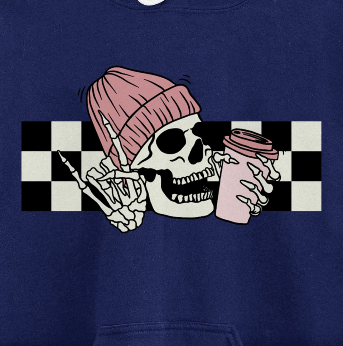 Skeleton Peace Sign Coffee Checkerboard Pullover Hoodie