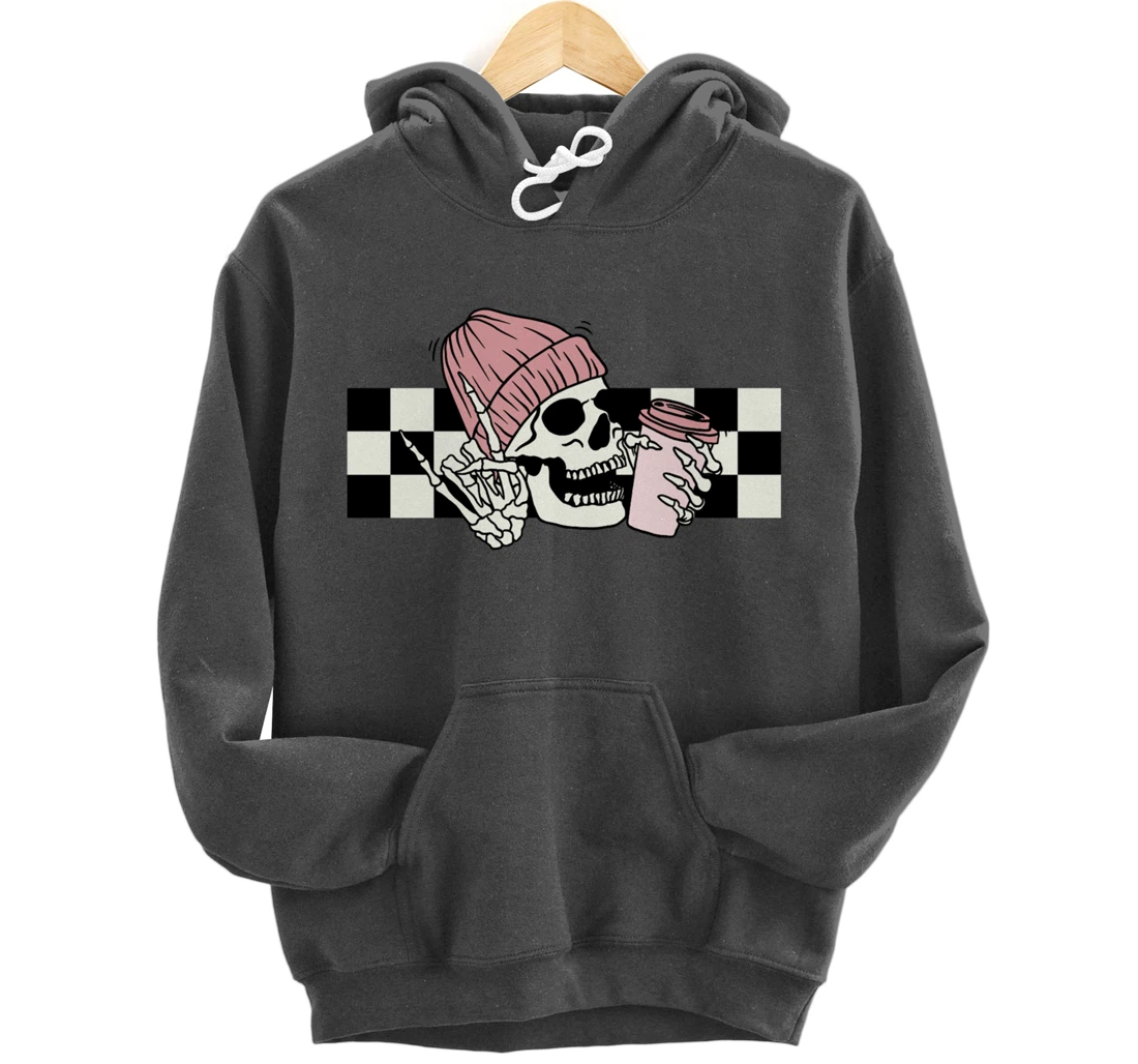 Skeleton Peace Sign Coffee Checkerboard Pullover Hoodie