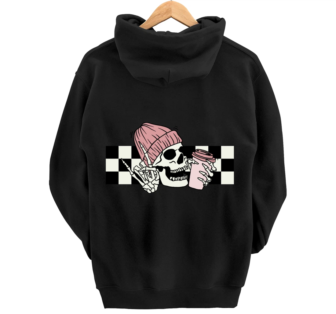 Skeleton Peace Sign Coffee Checkerboard Pullover Hoodie