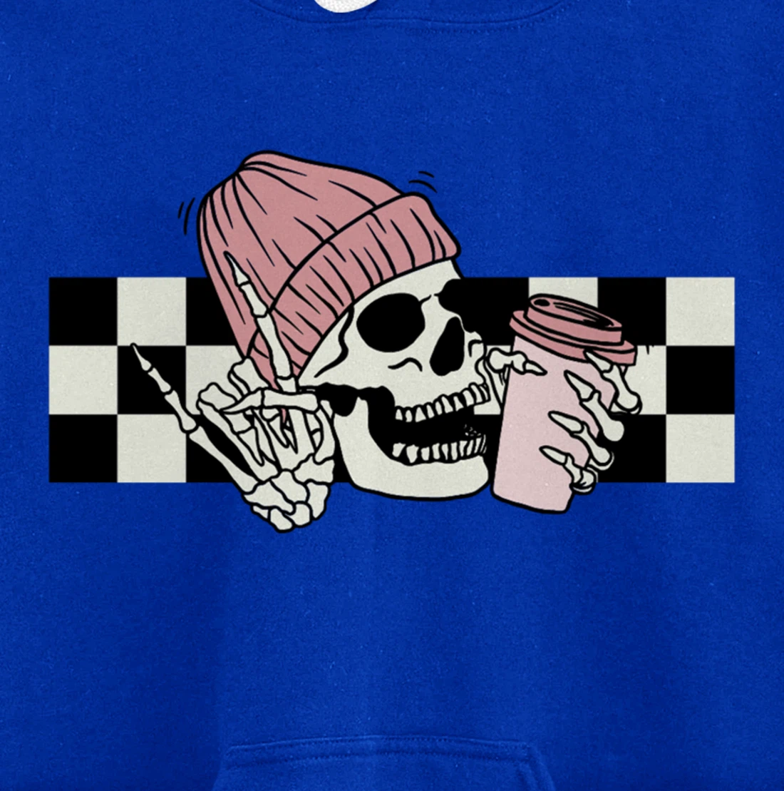 Skeleton Peace Sign Coffee Checkerboard Pullover Hoodie