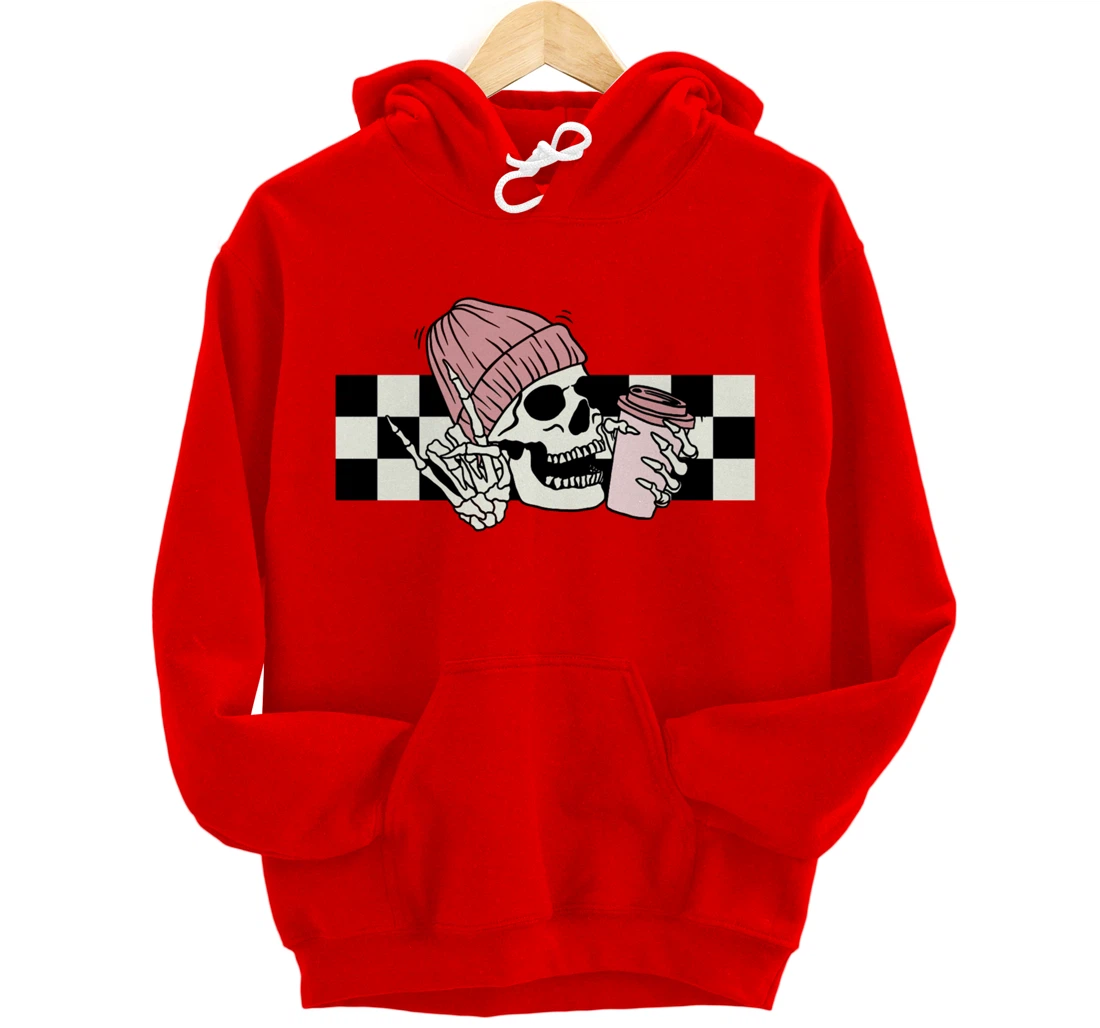 Skeleton Peace Sign Coffee Checkerboard Pullover Hoodie