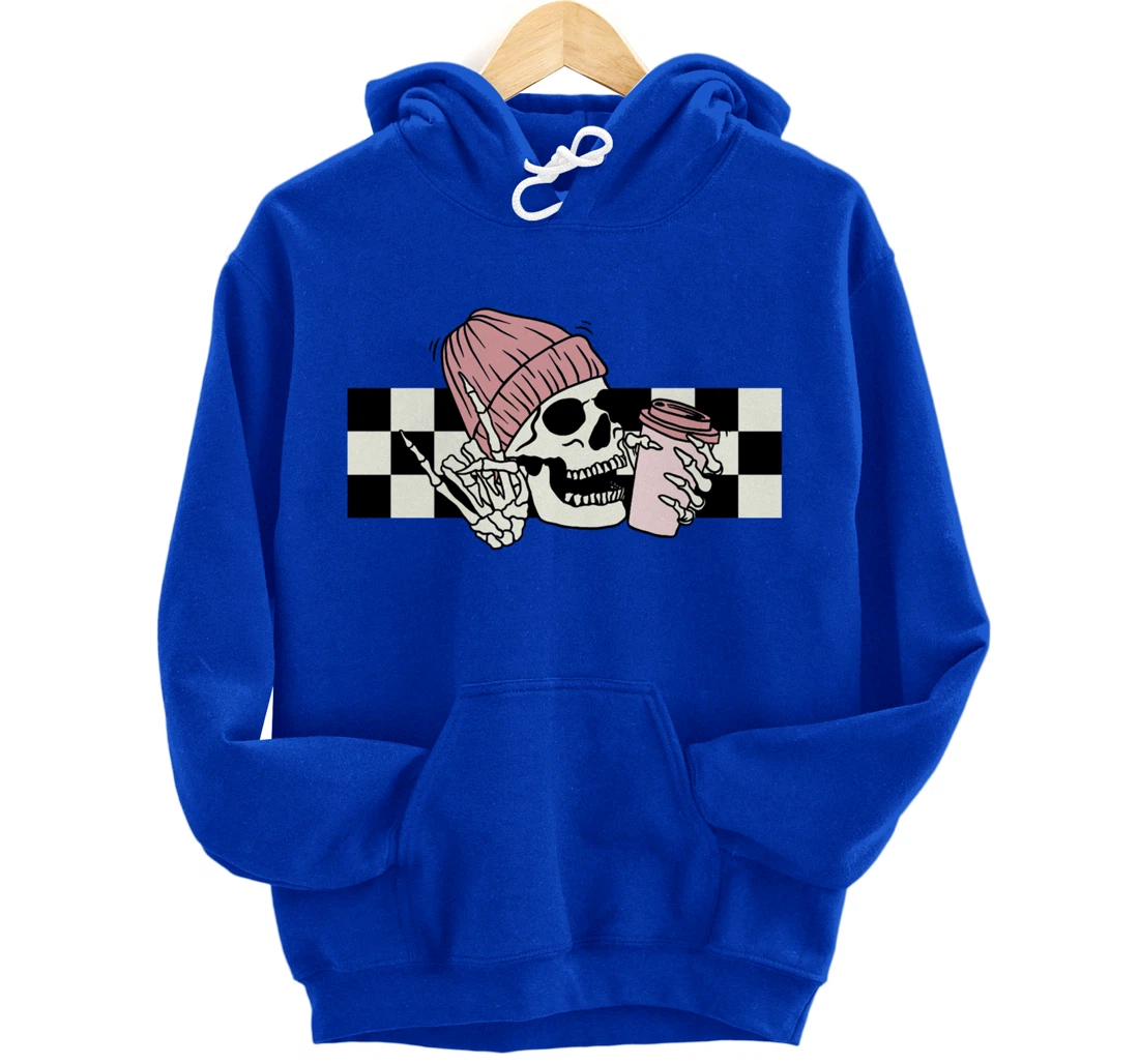 Skeleton Peace Sign Coffee Checkerboard Pullover Hoodie