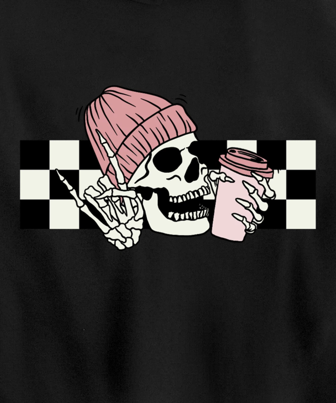 Skeleton Peace Sign Coffee Checkerboard Pullover Hoodie