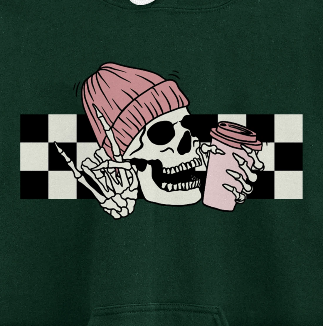 Skeleton Peace Sign Coffee Checkerboard Pullover Hoodie
