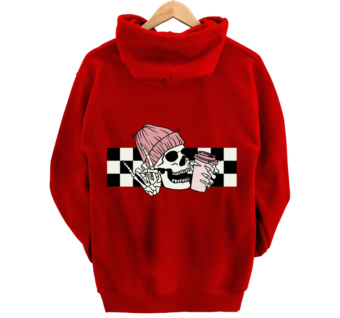 Skeleton Peace Sign Coffee Checkerboard Pullover Hoodie
