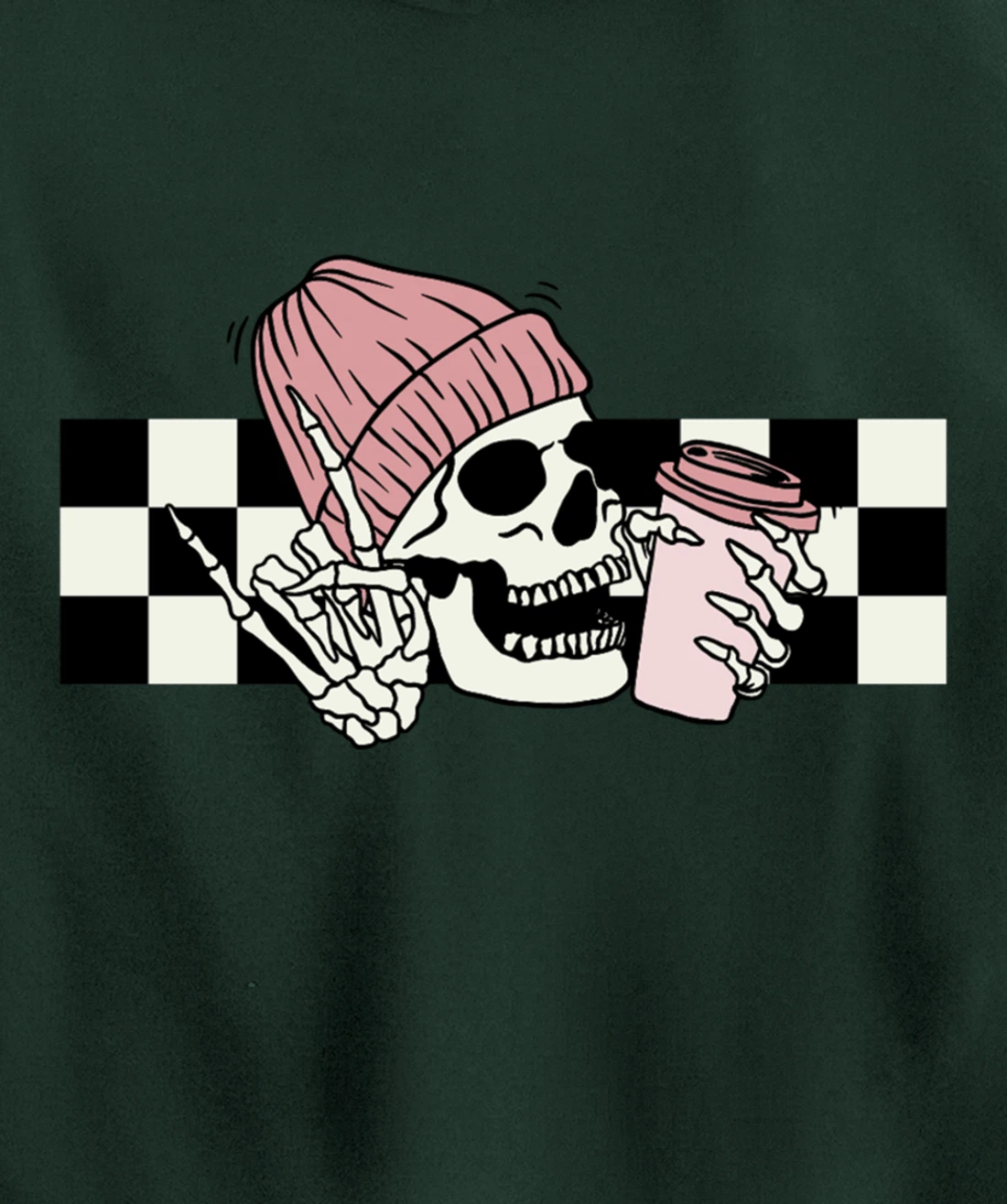 Skeleton Peace Sign Coffee Checkerboard Pullover Hoodie