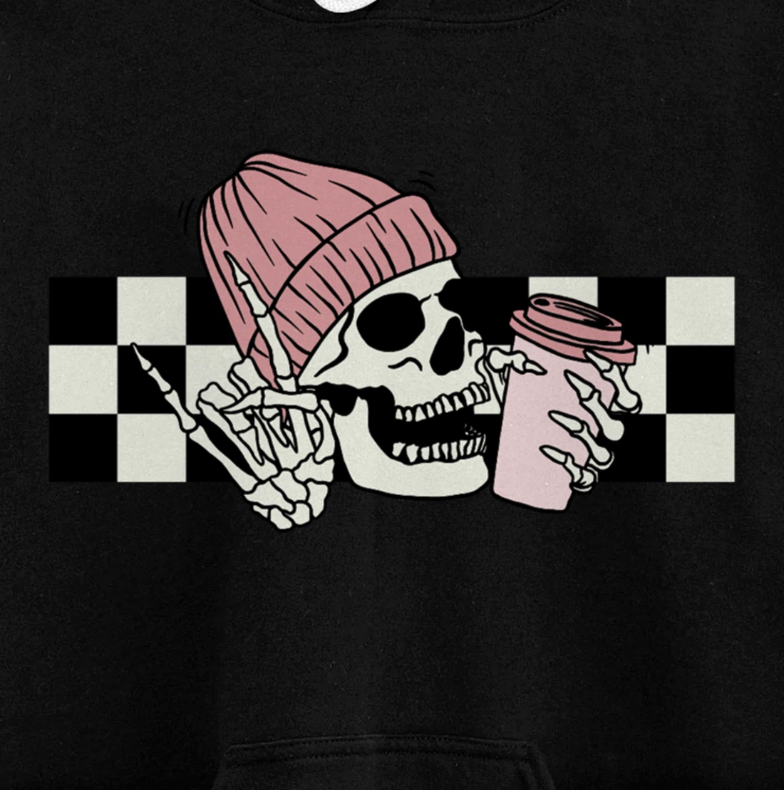 Skeleton Peace Sign Coffee Checkerboard Pullover Hoodie
