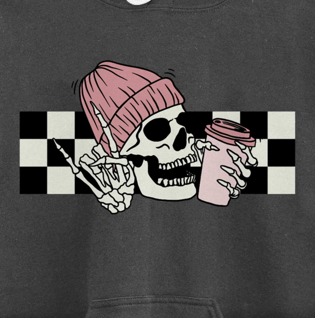 Skeleton Peace Sign Coffee Checkerboard Pullover Hoodie