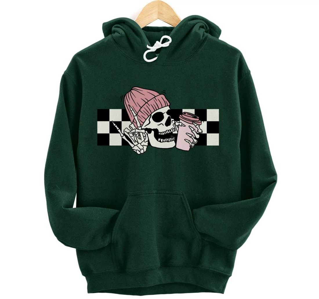 Skeleton Peace Sign Coffee Checkerboard Pullover Hoodie