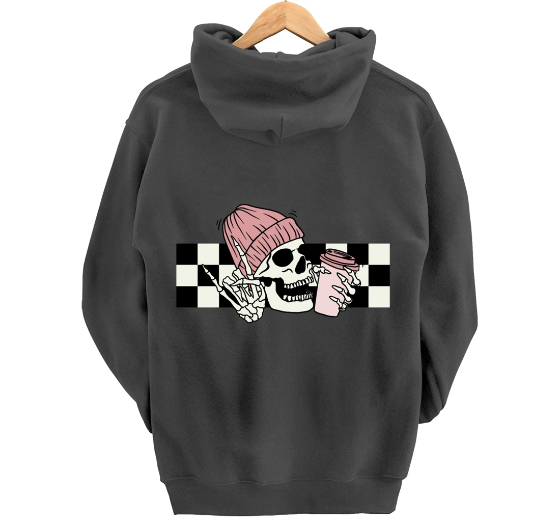 Skeleton Peace Sign Coffee Checkerboard Pullover Hoodie