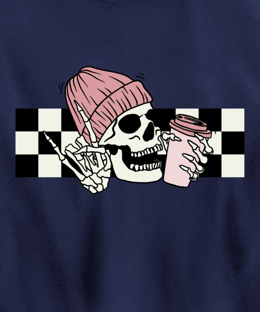 Skeleton Peace Sign Coffee Checkerboard Pullover Hoodie