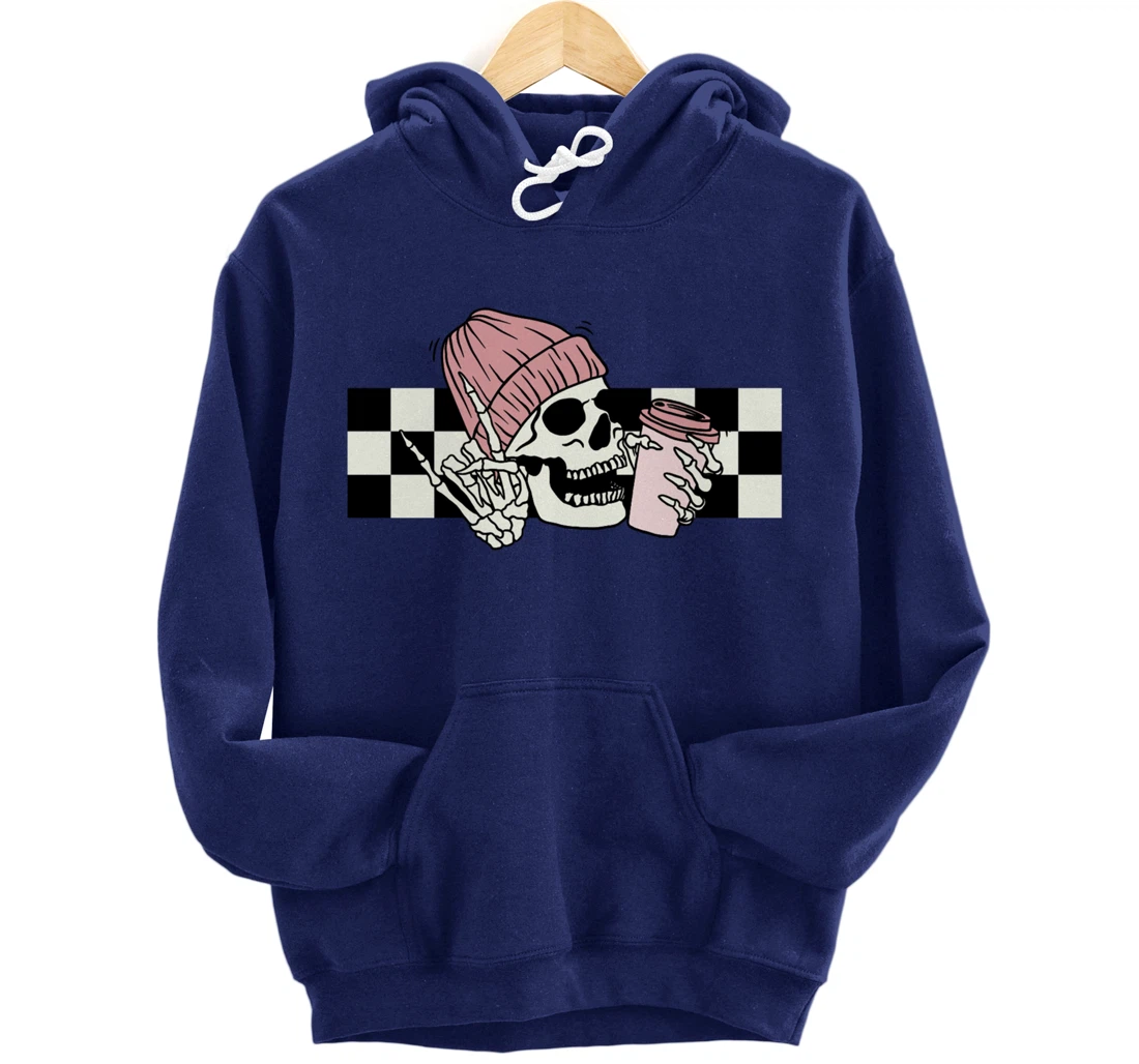 Skeleton Peace Sign Coffee Checkerboard Pullover Hoodie