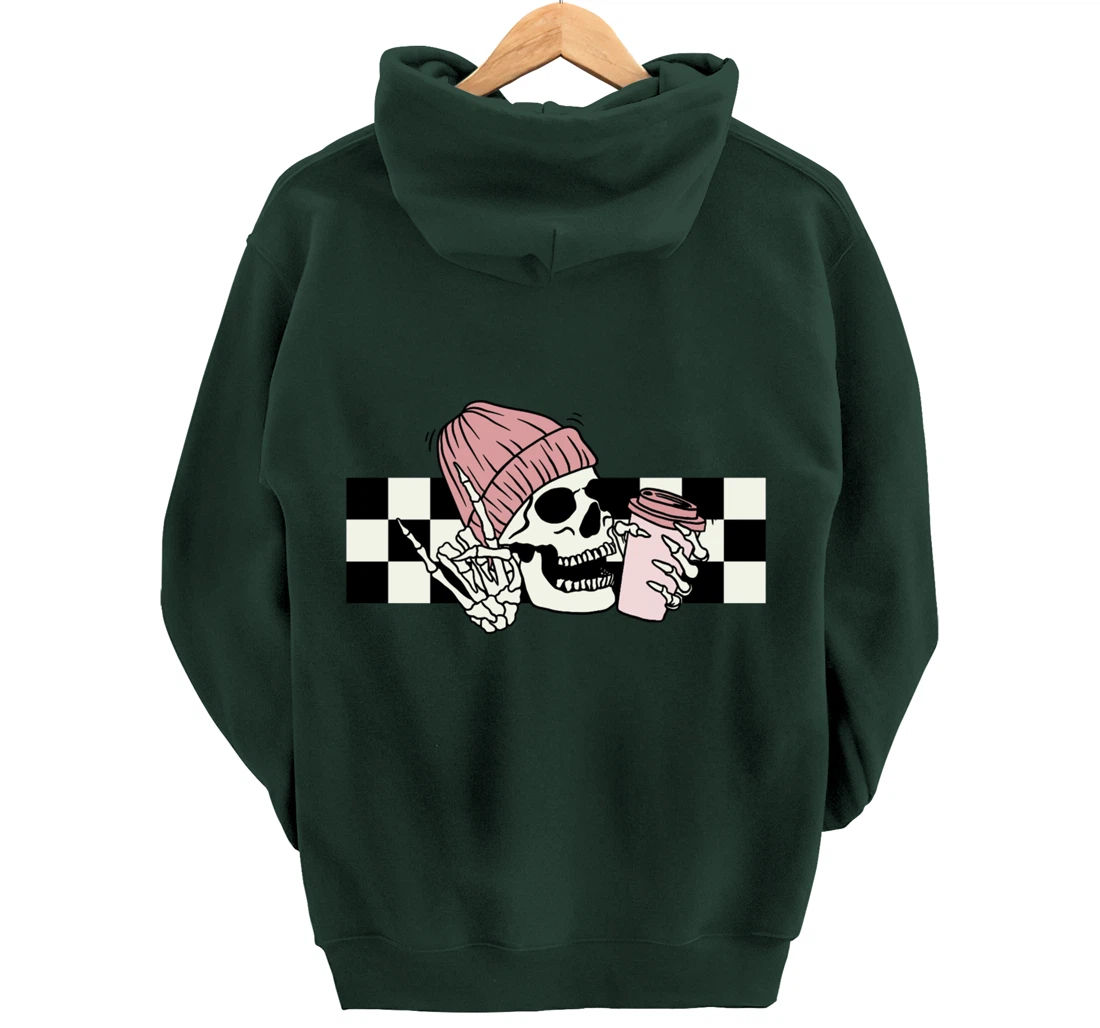 Skeleton Peace Sign Coffee Checkerboard Pullover Hoodie