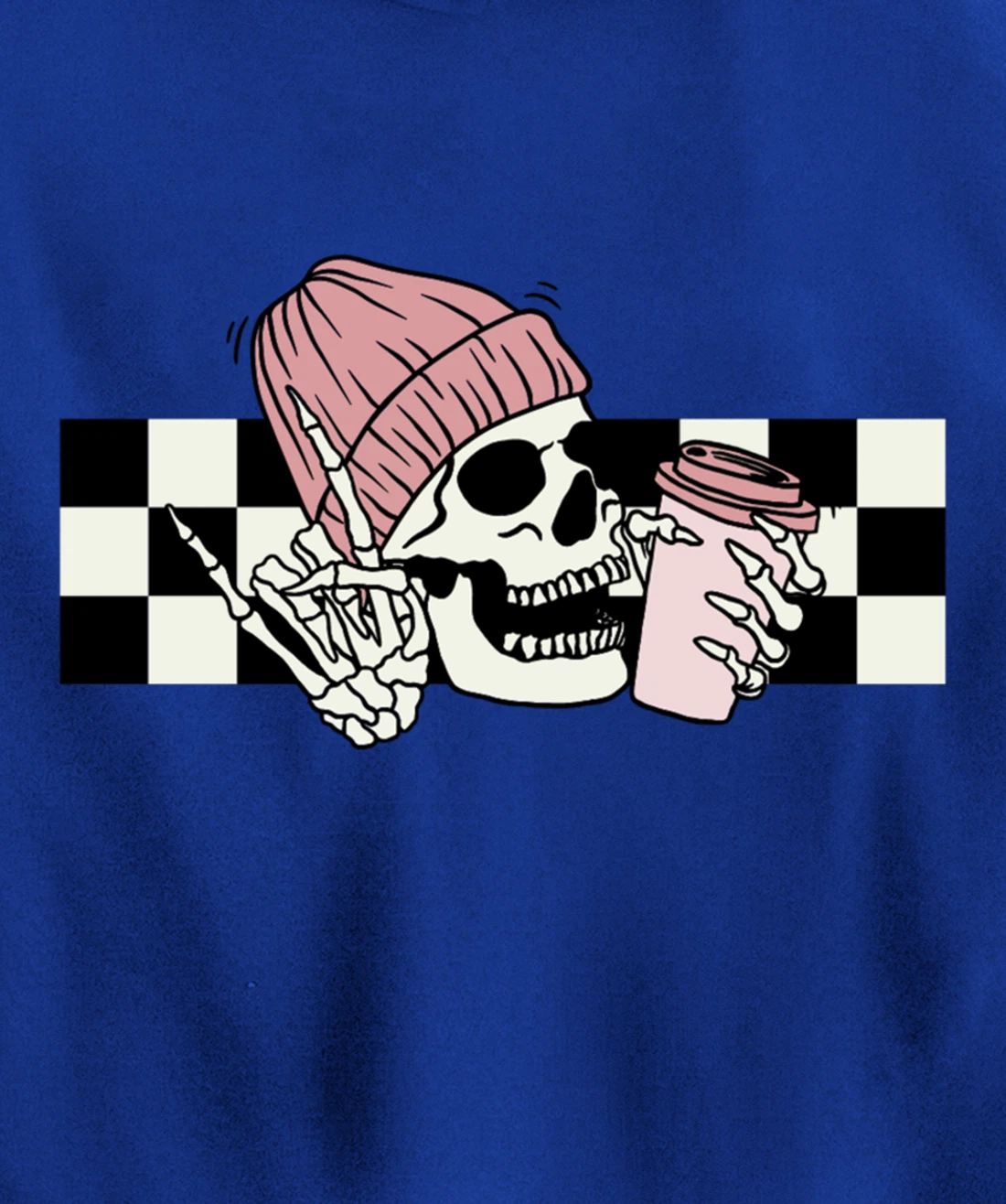 Skeleton Peace Sign Coffee Checkerboard Pullover Hoodie