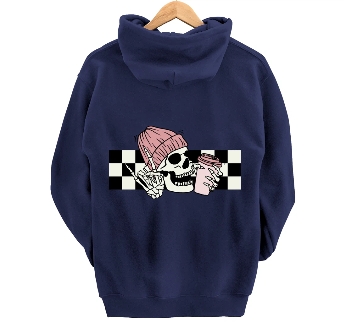 Skeleton Peace Sign Coffee Checkerboard Pullover Hoodie