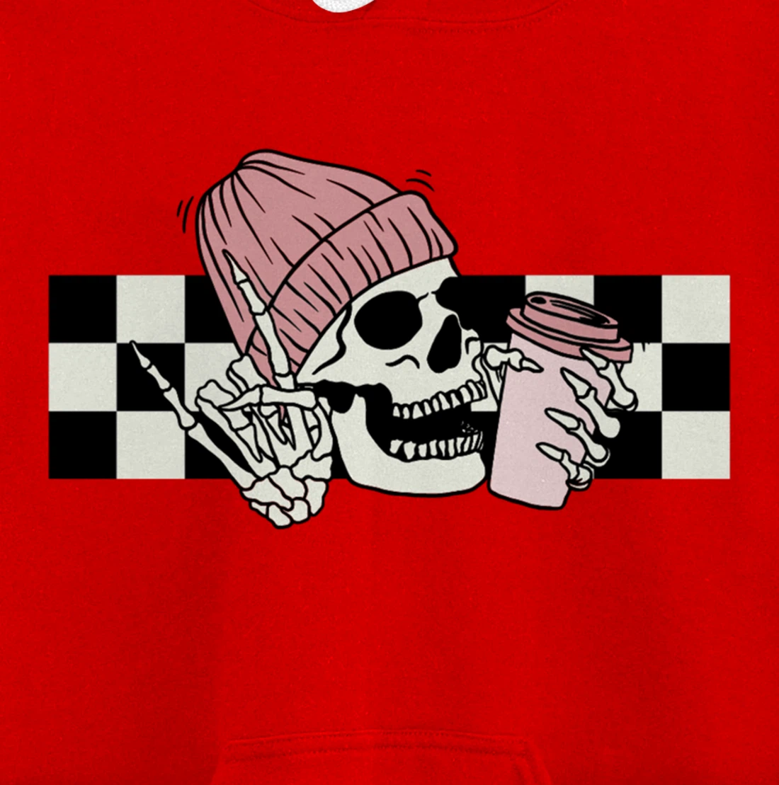 Skeleton Peace Sign Coffee Checkerboard Pullover Hoodie