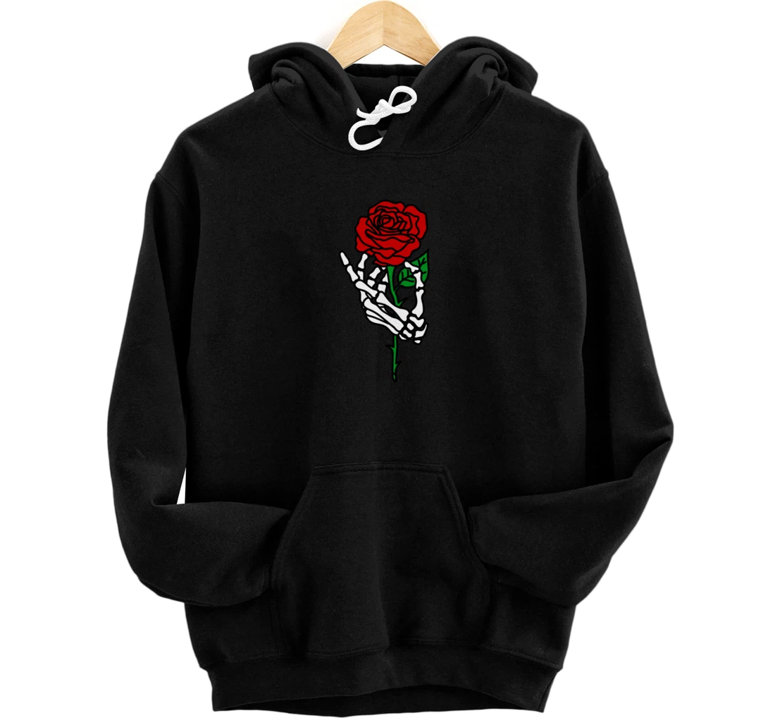 Skeleton Hand Holding Rose Hoodie, Tattoo Hoodies Pullover Hoodie
