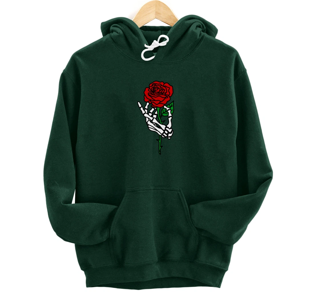 Skeleton Hand Holding Rose Hoodie, Tattoo Hoodies Pullover Hoodie