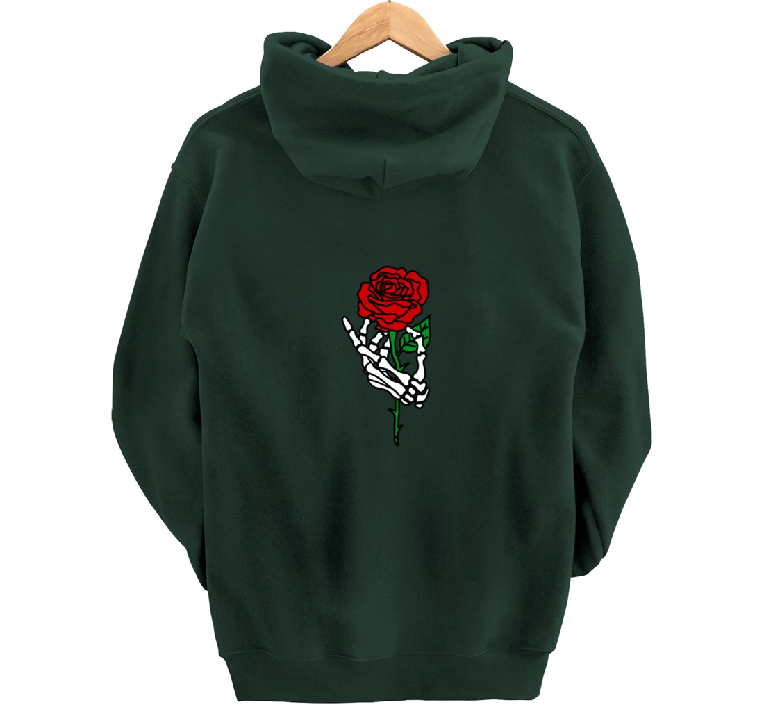 Skeleton Hand Holding Rose Hoodie, Tattoo Hoodies Pullover Hoodie