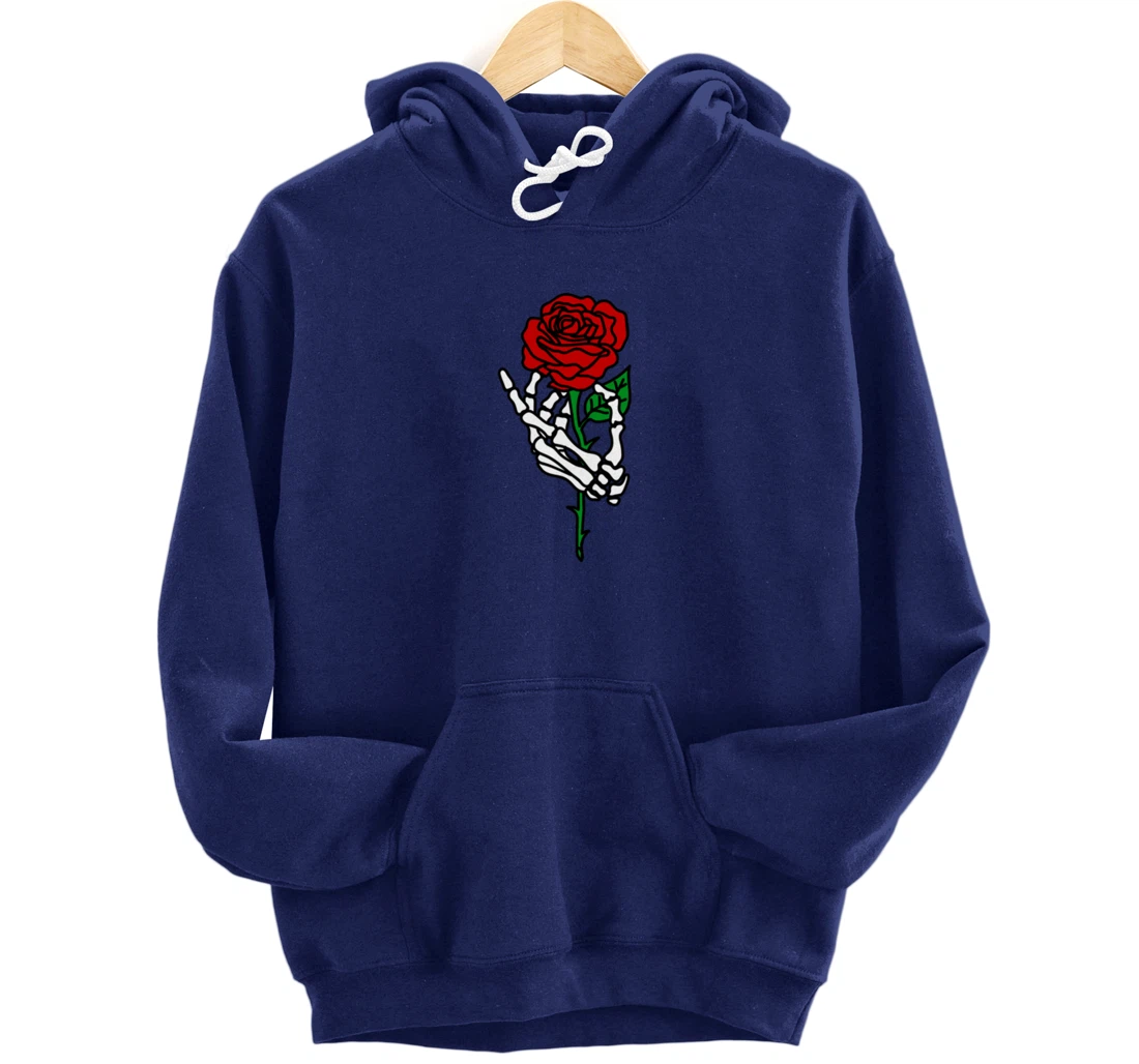 Skeleton Hand Holding Rose Hoodie, Tattoo Hoodies Pullover Hoodie
