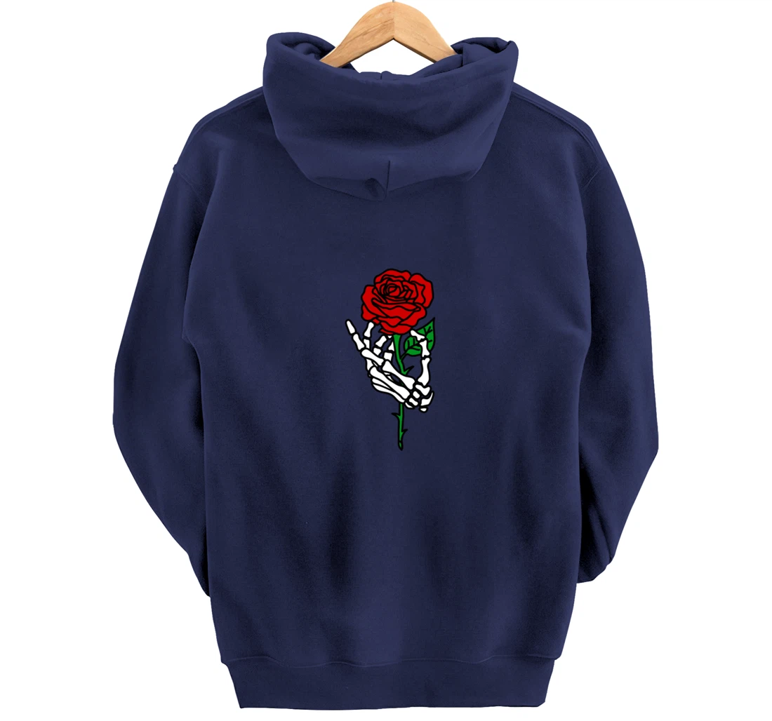 Skeleton Hand Holding Rose Hoodie, Tattoo Hoodies Pullover Hoodie