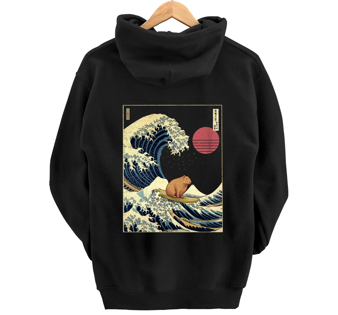 Capybara Kanagawa Wave Funny Surf Animal Pullover Hoodie