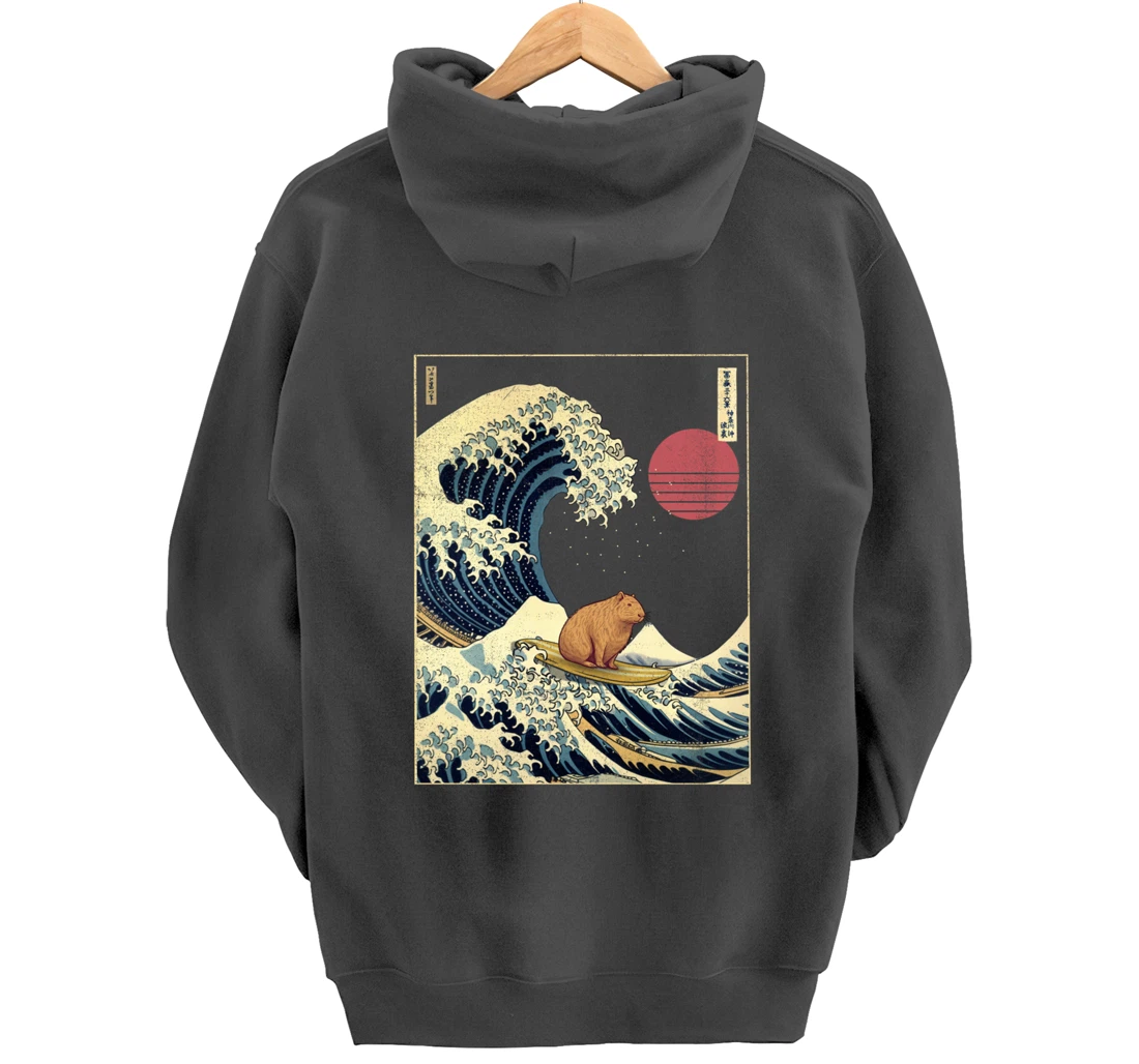 Capybara Kanagawa Wave Funny Surf Animal Pullover Hoodie