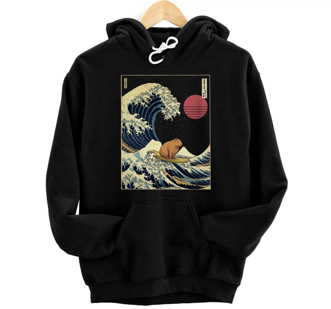 Capybara Kanagawa Wave Funny Surf Animal Pullover Hoodie