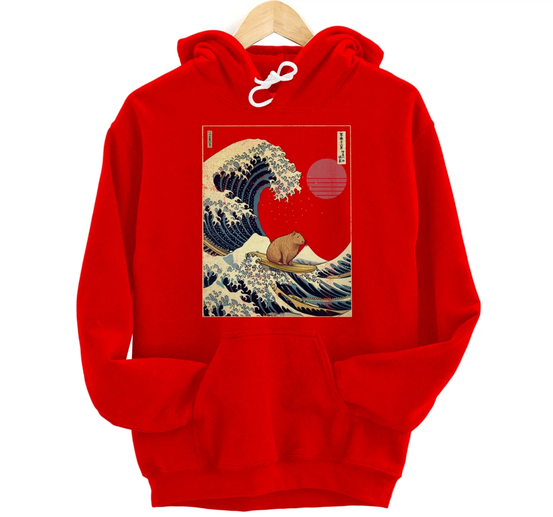 Capybara Kanagawa Wave Funny Surf Animal Pullover Hoodie