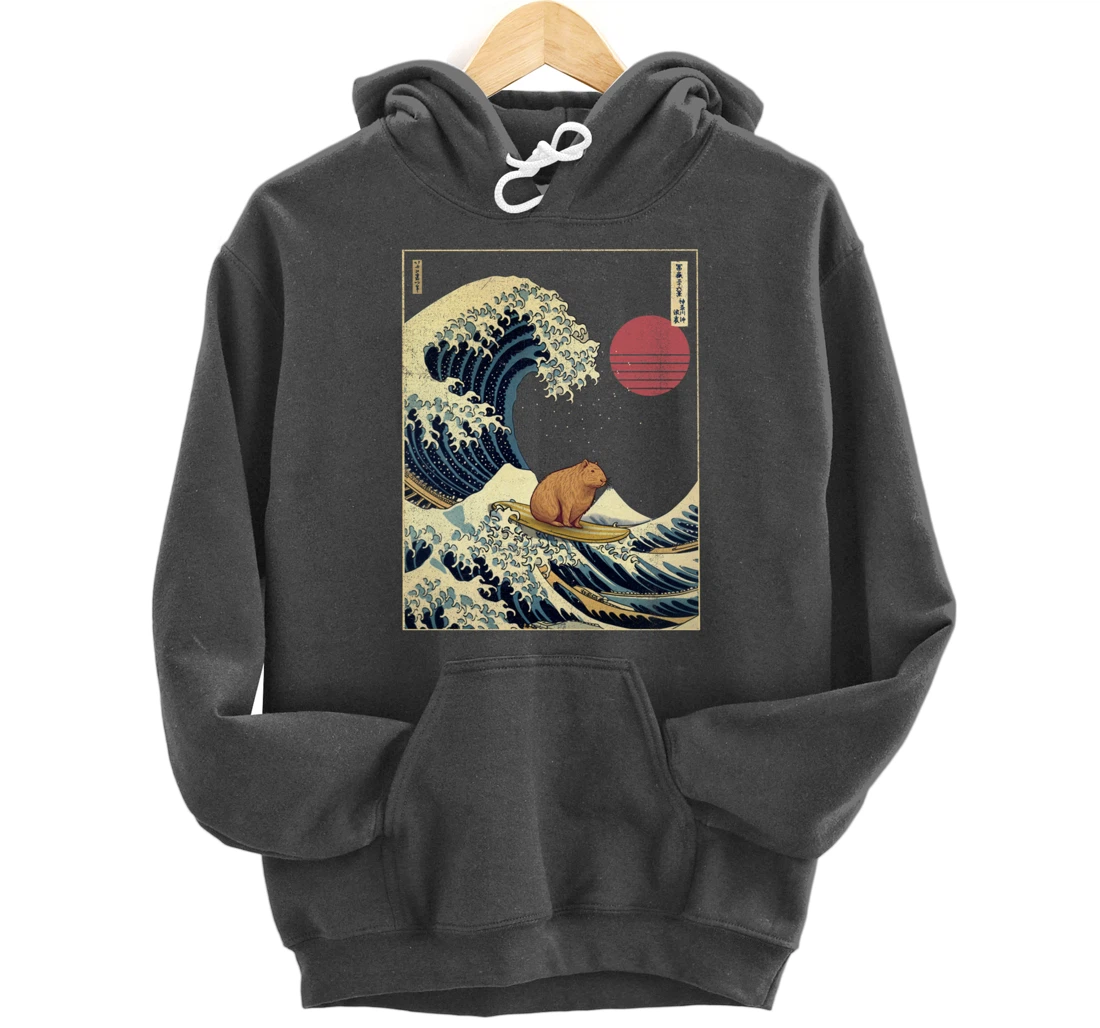 Capybara Kanagawa Wave Funny Surf Animal Pullover Hoodie