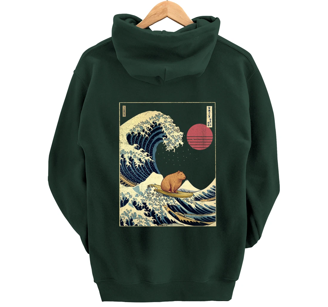 Capybara Kanagawa Wave Funny Surf Animal Pullover Hoodie