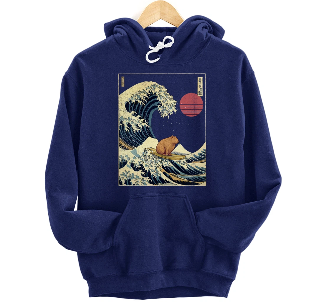 Capybara Kanagawa Wave Funny Surf Animal Pullover Hoodie