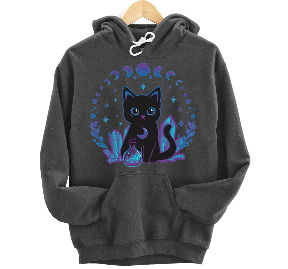 Cute Witchy Black Cat Crystal Alchemy Kawaii Pastel Goth Pullover Hoodie