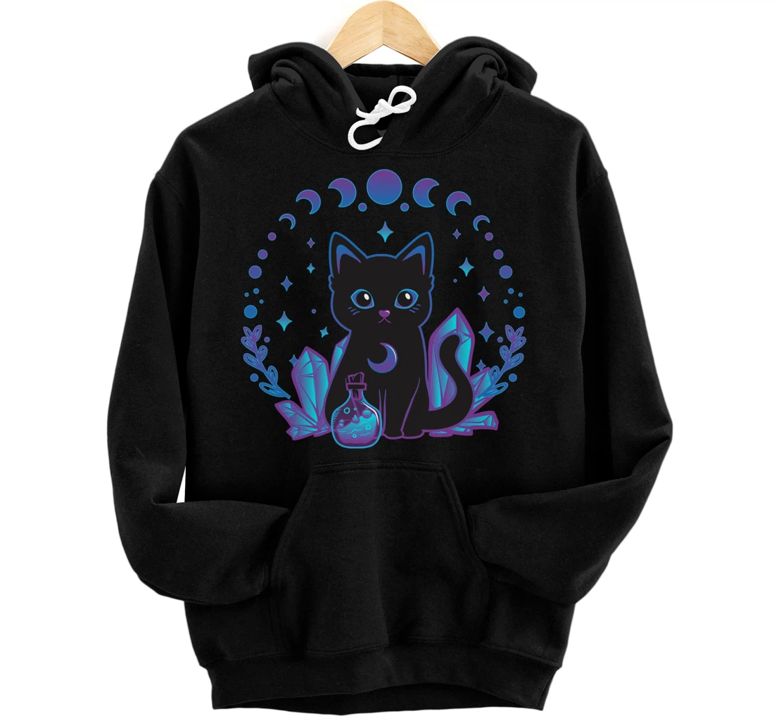 Cute Witchy Black Cat Crystal Alchemy Kawaii Pastel Goth Pullover Hoodie