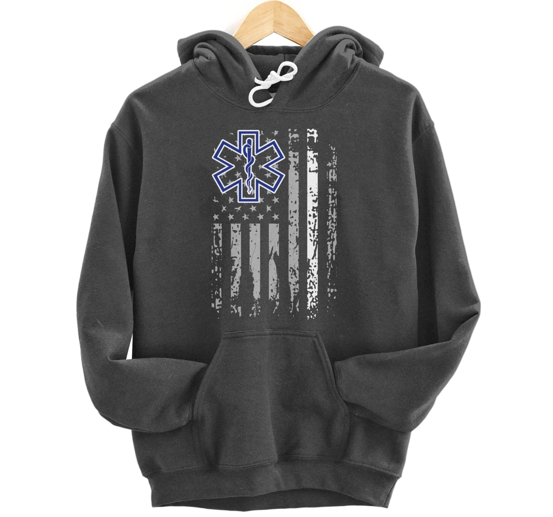 Thin White Line Hoodie EMS EMT Paramedic American Flag Gift Pullover Hoodie