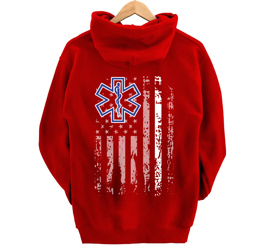 Thin White Line Hoodie EMS EMT Paramedic American Flag Gift Pullover Hoodie