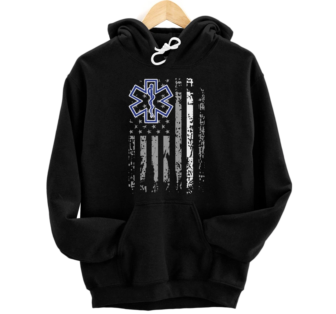 Thin White Line Hoodie EMS EMT Paramedic American Flag Gift Pullover Hoodie