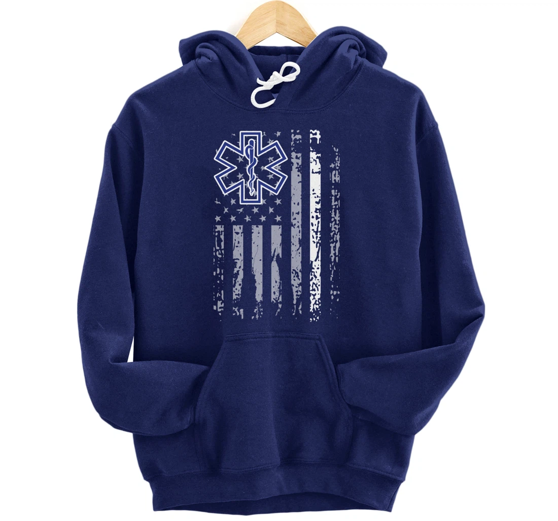 Thin White Line Hoodie EMS EMT Paramedic American Flag Gift Pullover Hoodie