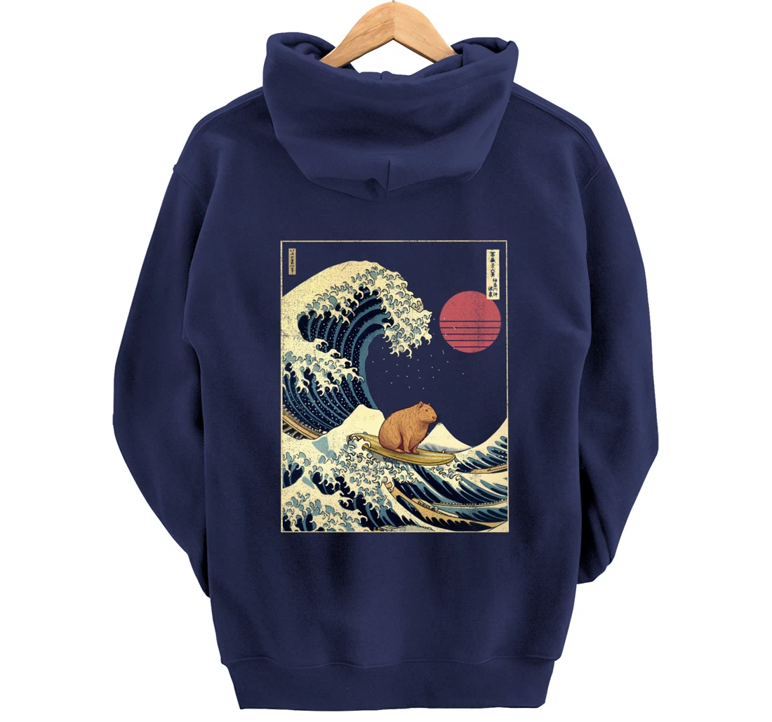 Capybara Kanagawa Wave Funny Surf Animal Pullover Hoodie