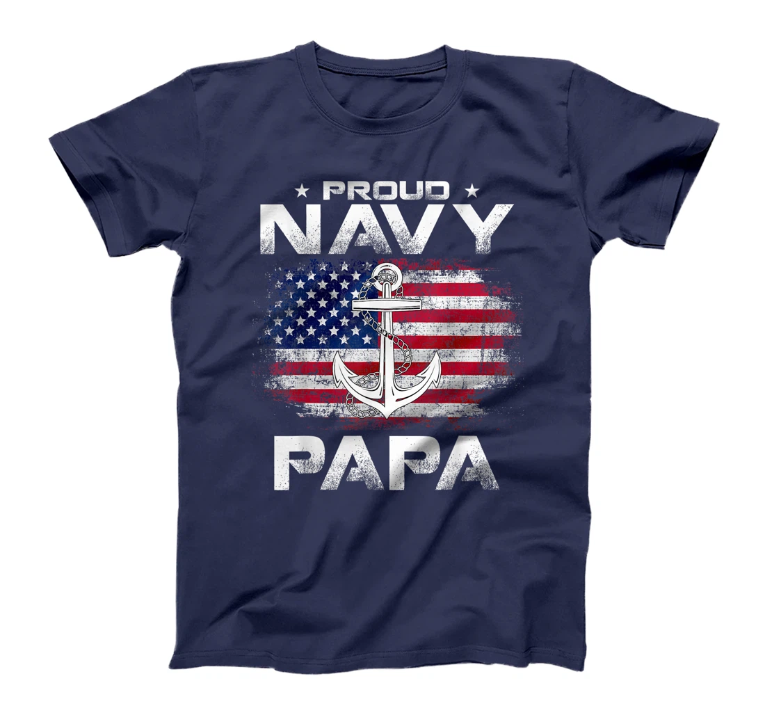 Vintage Proud Navy Papa With American Flag Gift Veteran T-Shirt