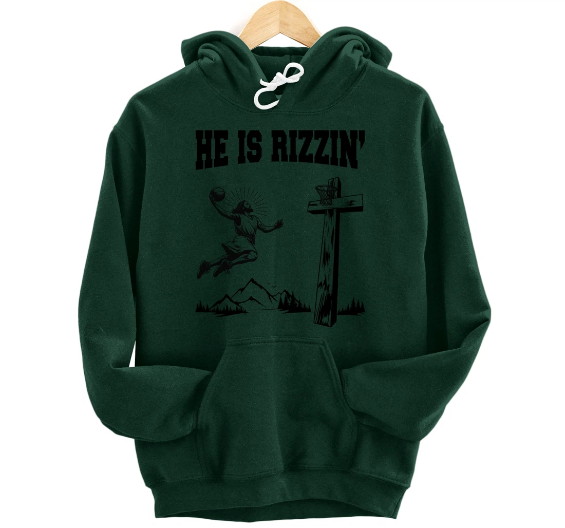 He Is Rizzin Meme Basketball Retro Christian Cross Religious Pullover Hoodie