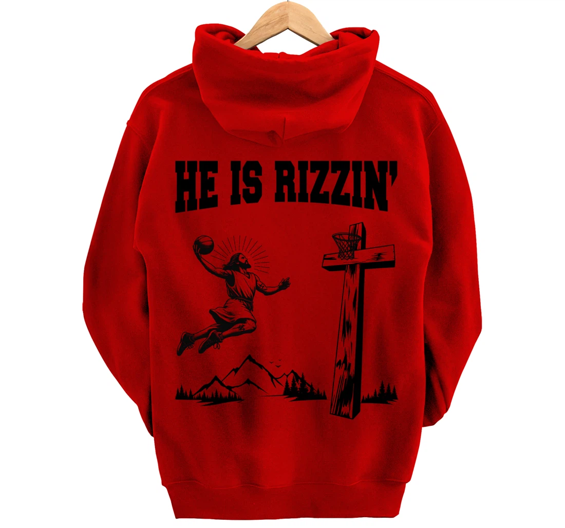 He Is Rizzin Meme Basketball Retro Christian Cross Religious Pullover Hoodie