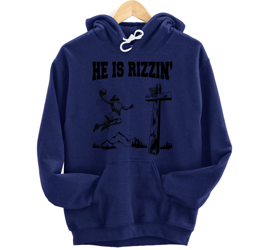 He Is Rizzin Meme Basketball Retro Christian Cross Religious Pullover Hoodie