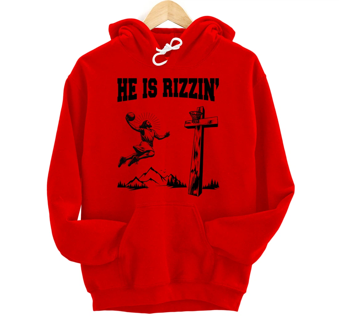 He Is Rizzin Meme Basketball Retro Christian Cross Religious Pullover Hoodie